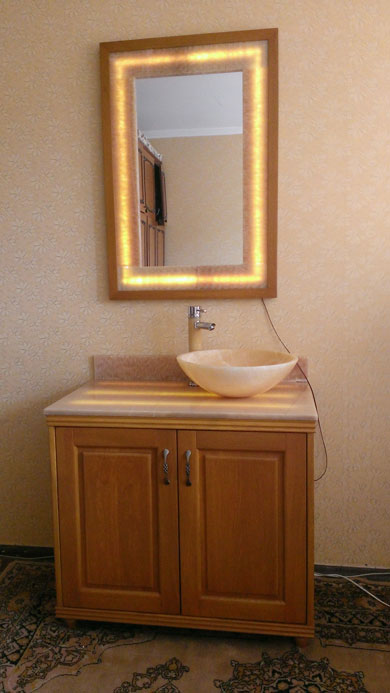 vanity countertop and mirror from wood and stone.