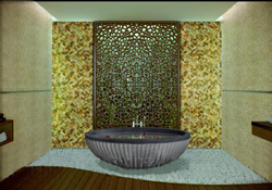 Das Projekt ist ein Mosaik aus grünem Onyx, ein Mosaik aus Travertin, eine Badewanne aus blauem Marmor.